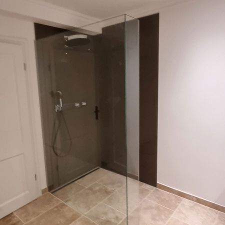 Begehbare Dusche mit Colorglasrückwand, Rahmenlos